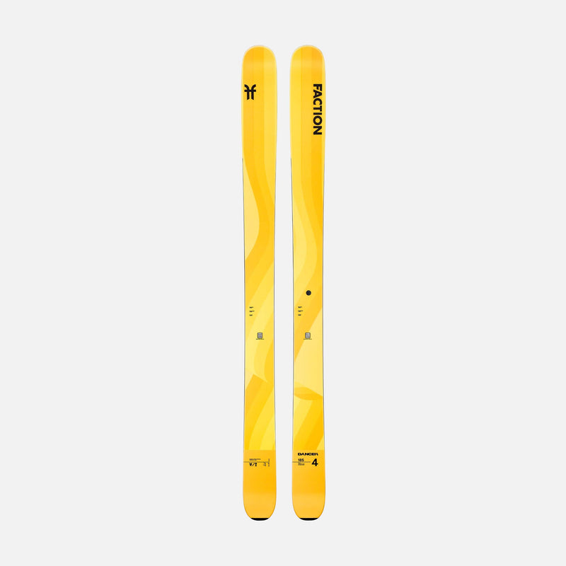 Topsheet of yellow Faction Dancer 4 Freeride and Powder skis