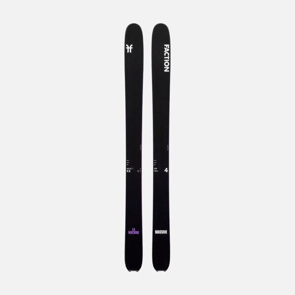 Topsheet of Faction La Machine 4, black freeride ski on a grey background.