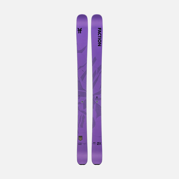 Topsheet of Faction Agent 2X, purple touring ski on a grey background.