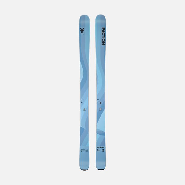 Topsheet of Faction Dancer 2, blue all-mountain ski on a grey background.