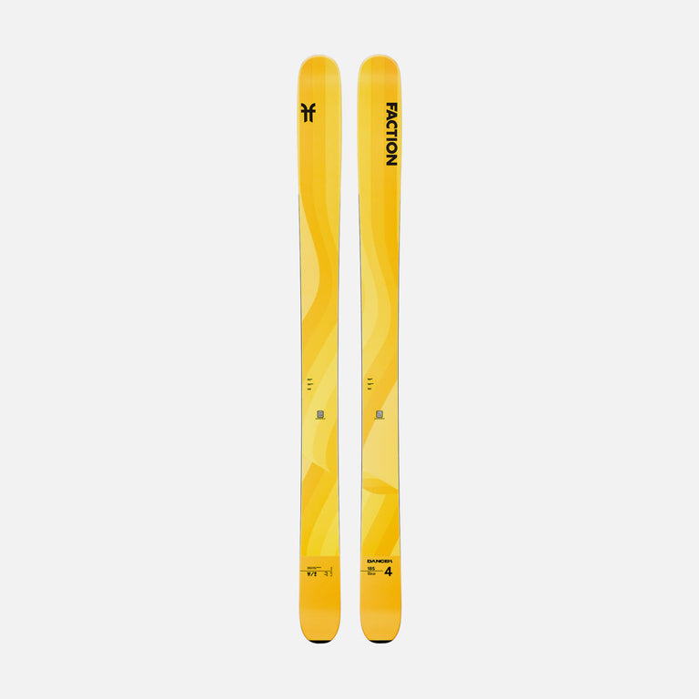 Topsheet of Faction Dancer 4, yellow freeride ski on a grey background.