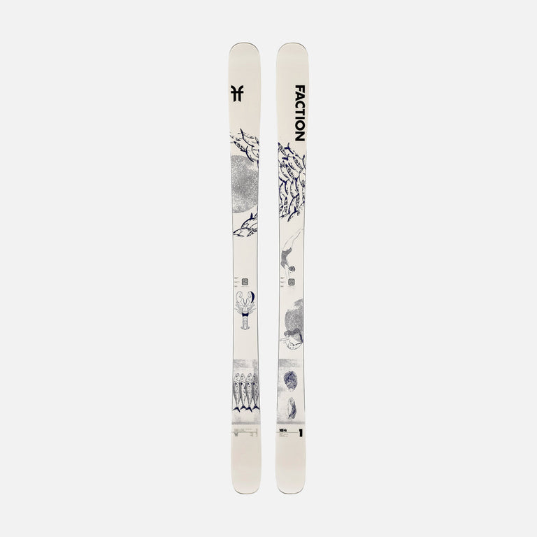 Topsheet of Faction Prodigy 1 Capsule, white and blue all-mountain ski on a grey background.