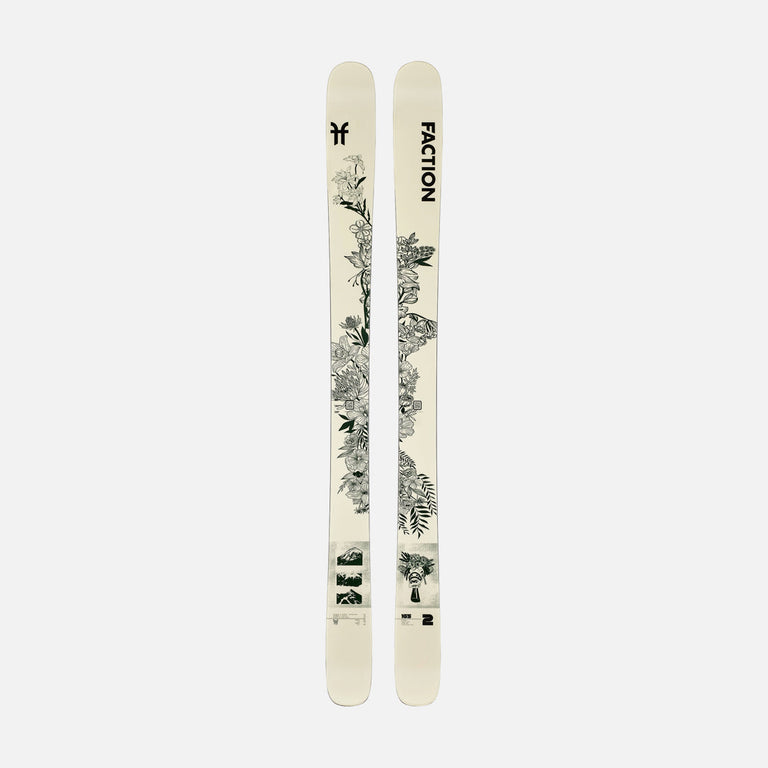 Topsheet of Faction Prodigy 2 Capsule, white and green all-mountain ski on a grey background.