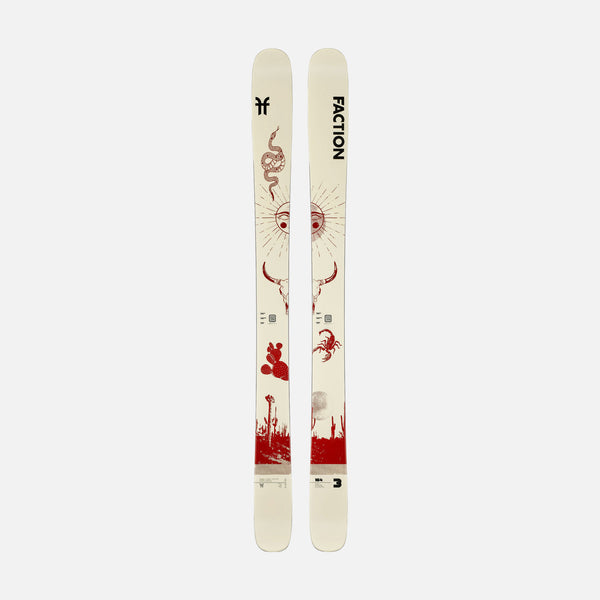 Topsheet of Faction Prodigy 3 Capsule, white and red all-mountain ski on a grey background.