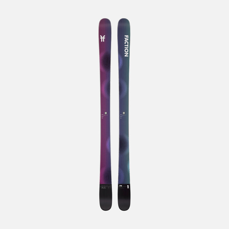 Topsheet of Faction Studio 1, purple and blue park & pipe ski on a grey background.